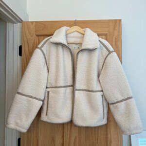Abercrombie & Fitch Medium Sherpa Full Zip Jacket White Beige with Contrast Trim